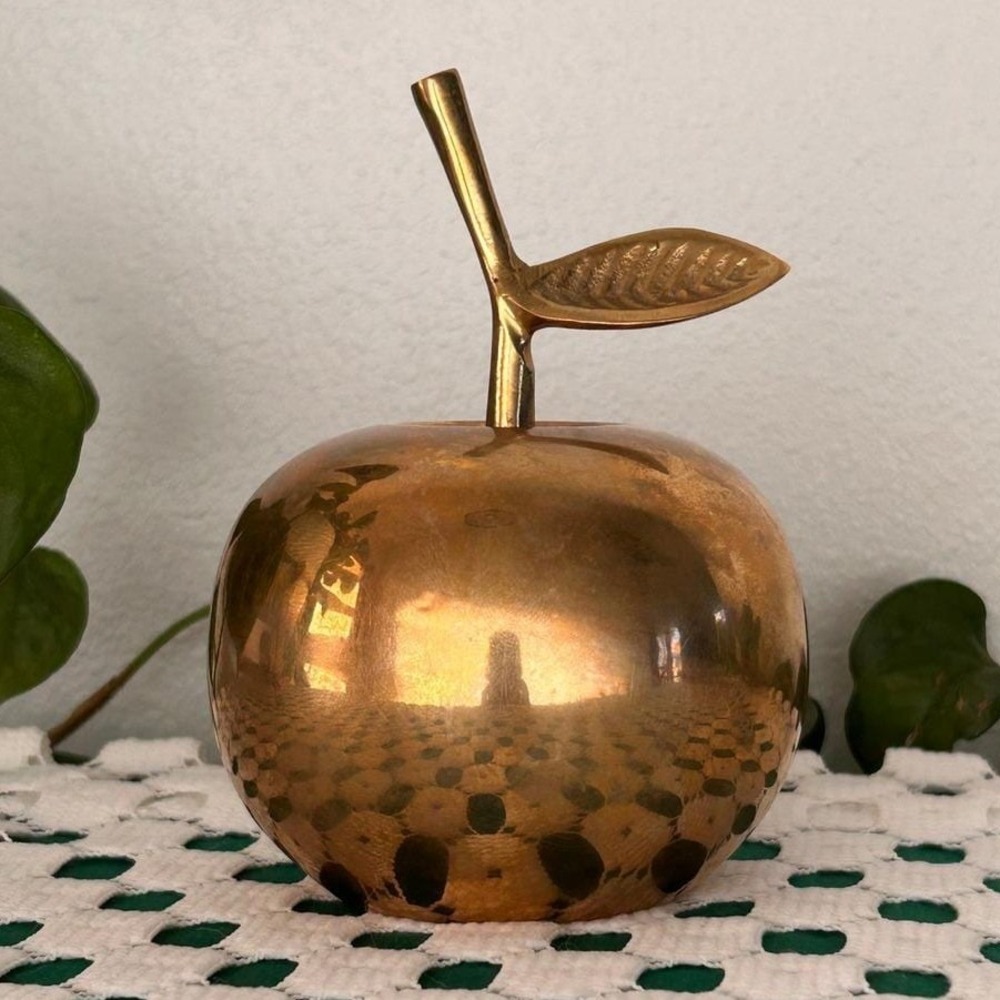 Vintage Brass Apple Bell Mid Century Modern Decorative Gold Fruit Desk Ornament